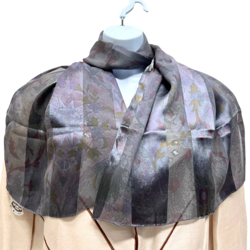 Italy Made Marlene Dam scarf silk chiffon/Satin 54"x 18" gray little burgendy(81 - Picture 2 of 3